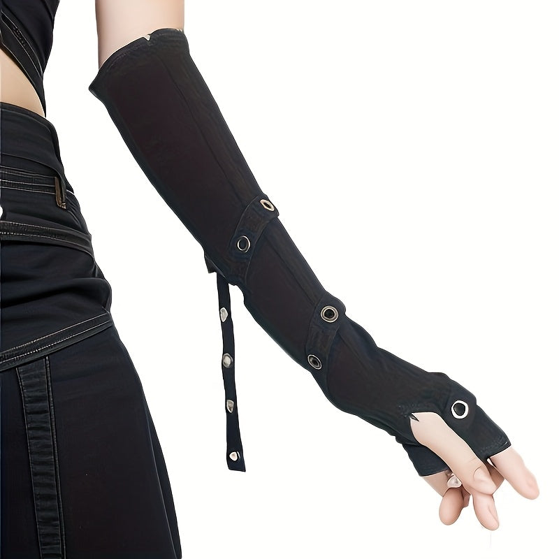 Black Fingerless Gloves - Stylish Streetwear Gothic Punk Arm Sleeves with Long Wrap Design, Polyester Knit, Perfect for Outdoor Travel, Dancing, Performances, Parties, and Cosplay SS69