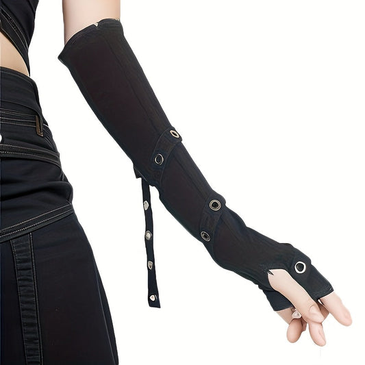 Black Fingerless Gloves - Stylish Streetwear Gothic Punk Arm Sleeves with Long Wrap Design, Polyester Knit, Perfect for Outdoor Travel, Dancing, Performances, Parties, and Cosplay SS69