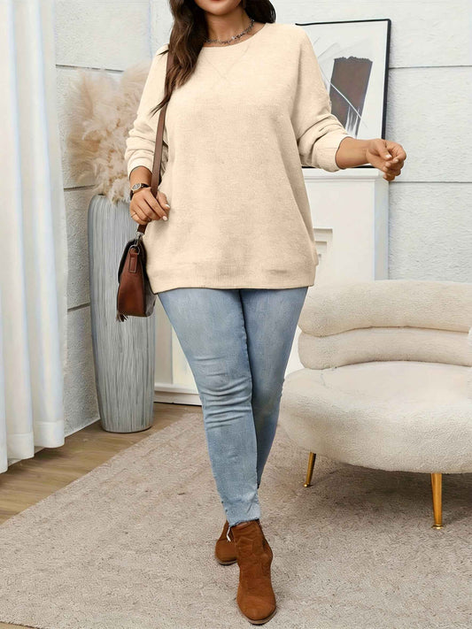 Plus Size - Women'S Solid Color Crew Neck Sweater | Casual Style, Medium Stretch Fabric, Ideal for Fall/Winter