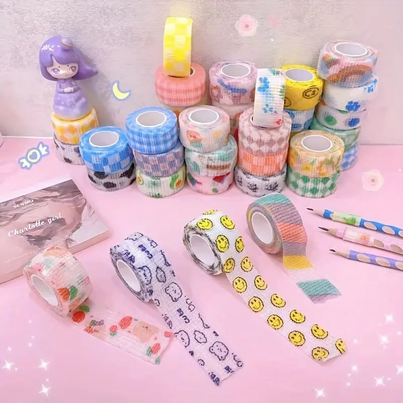 10pcs Cute Elastic Adhesive Bandages, Breathable Self-Adherent Wrap Tape for Sports Strains, Universal Size, Non-woven Material, Variety Patterns SS69