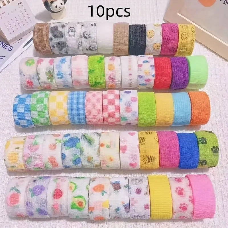 10pcs Cute Elastic Adhesive Bandages, Breathable Self-Adherent Wrap Tape for Sports Strains, Universal Size, Non-woven Material, Variety Patterns SS69 7.69 Random Color / 10pcs