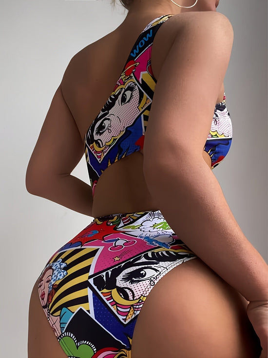Women'S Vibrant One-Shoulder Swimsuit with Colorful Cartoon Characters - High Stretch, Asymmetrical Design, Perfect for Beach and Pool, Pool Swimsuit|Playful Design|One Shoulder Swimsui SS69