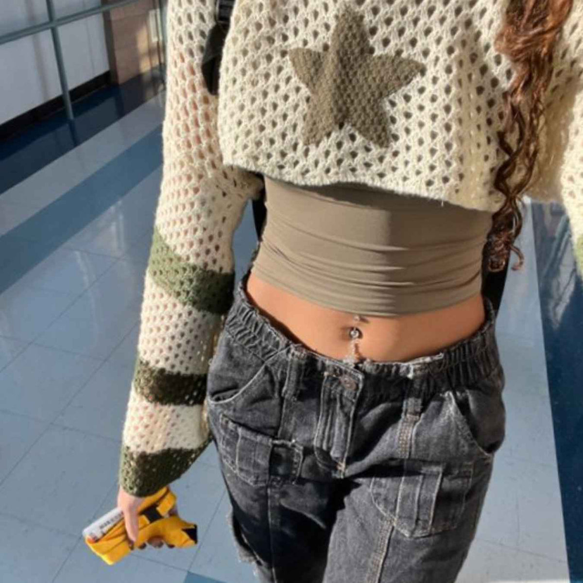 Women's Y2K Cropped Sweater Top - Soft Hollow Out Sheer Blouseable Base Suitable for Dinner Dates & Weekend Outfits, Spring Summer Fall Layering Piece, Classic Fit Long Sleeve Striped Colorblock Star Pattern (Hand Washable)