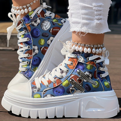 Heart Print Double Zipper Design Lace-up Sneakers - SS69