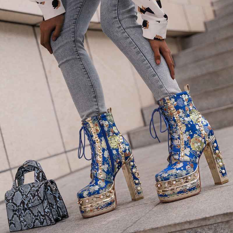 High Quality Platform Super High Heel Strap Rivet Women Thick Sole Heightening Wedding Boots Perfect for Dressy Occasions, Party Footwear, Sleek Design, Durable Construction, Stylish Footwear, Fashion Lovers, High Heel Bootie