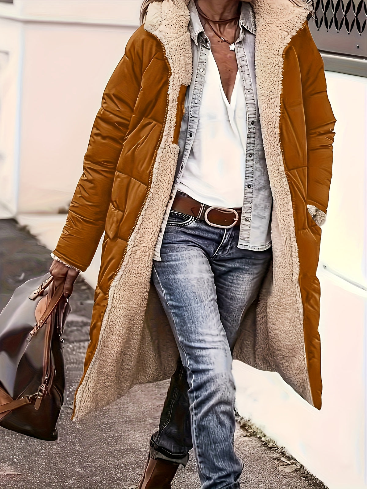 Plus Size, Plus Size Women's Elegant Quilted Teddy Parka Coat - Dual-Sided Hooded Winter Jacket with Full-Length Zipper, A-Line Silhouette & -Sweeping Hem, Machine Washable Outerwear