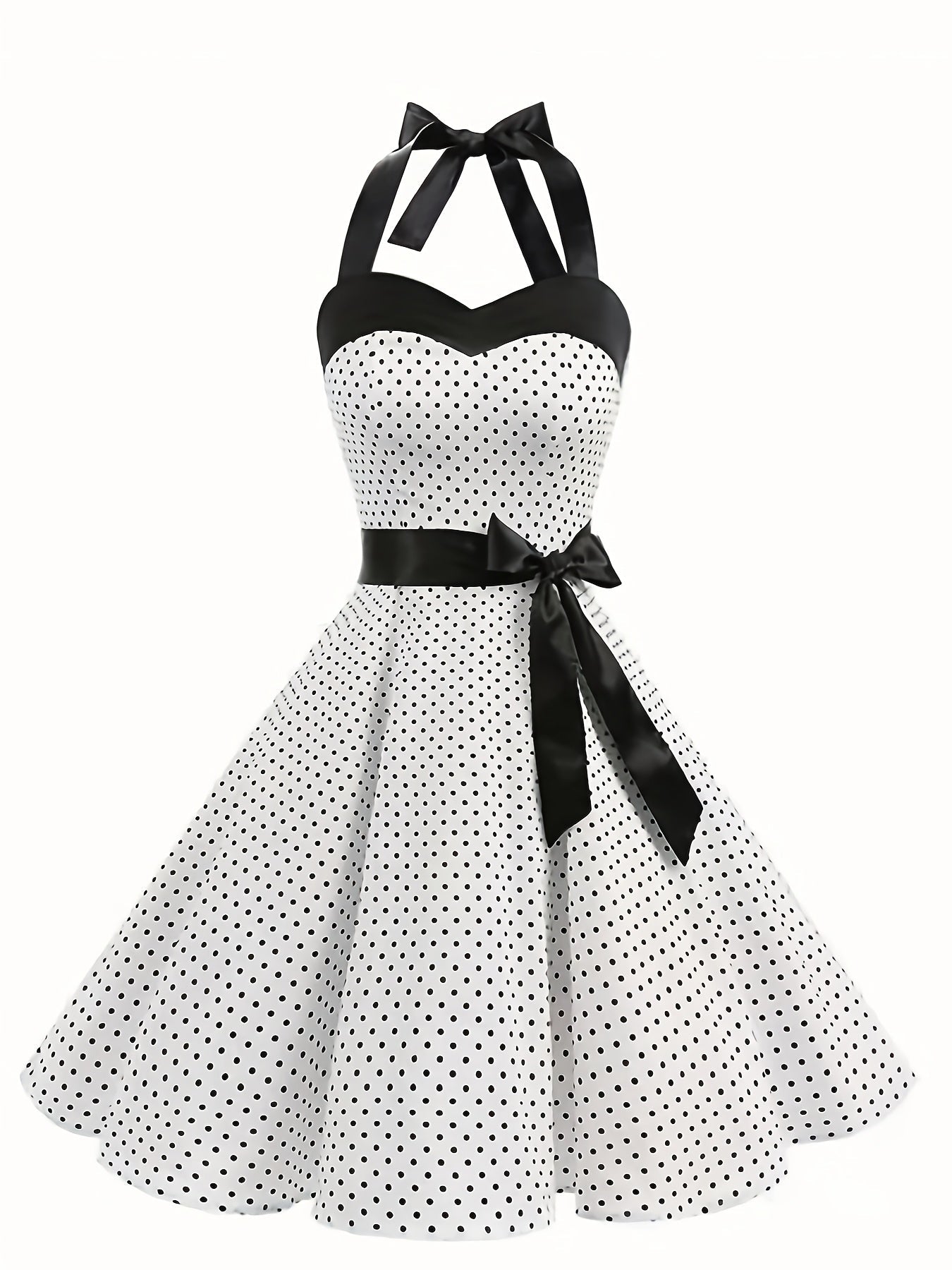Elegant Retro Polka Dot Dress for Women with Ribbon Waist - Halter Neck, A-Line Skirt, Machine Washable, Polyester - Black & White, Perfect for Spring/Summer/Fall Events SS69