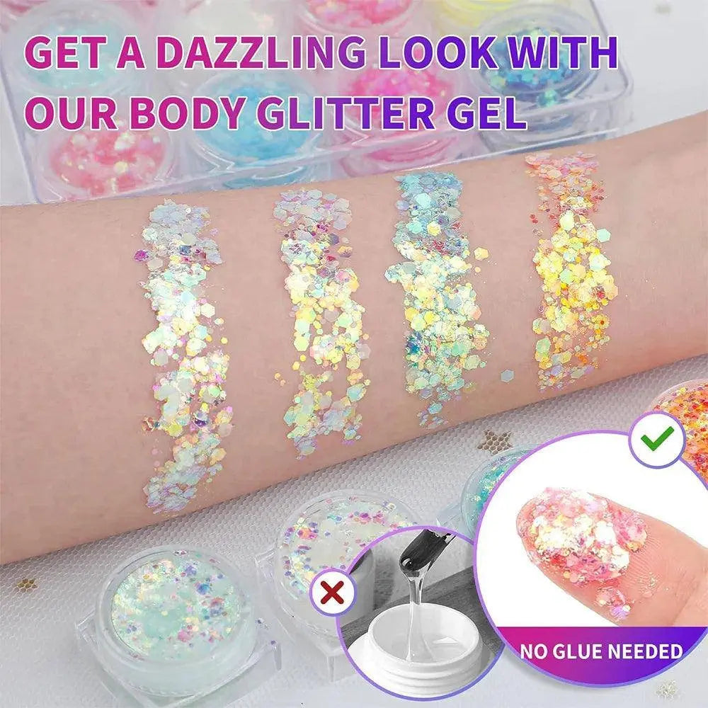 12 Colors Glitter Gel Makeup Glow in The Dark Body Glitter Gel UV Face Glitter for Women Festival Party Glitter Makeup Gel SS69