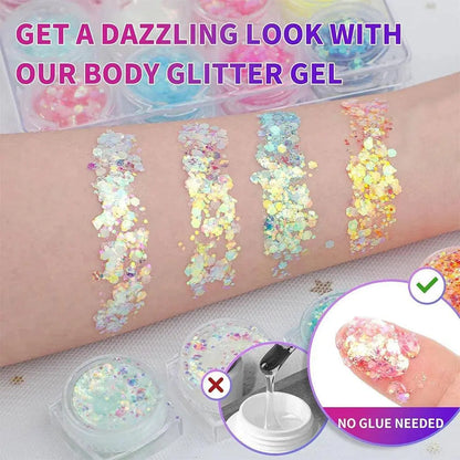 12 Colors Glitter Gel Makeup Glow in The Dark Body Glitter Gel UV Face Glitter for Women Festival Party Glitter Makeup Gel SS69