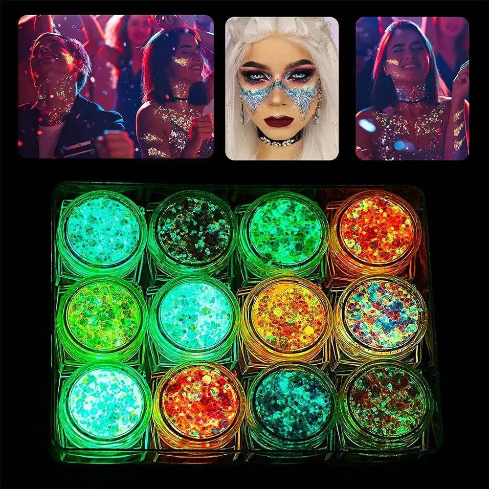 12 Colors Glitter Gel Makeup Glow in The Dark Body Glitter Gel UV Face Glitter for Women Festival Party Glitter Makeup Gel SS69