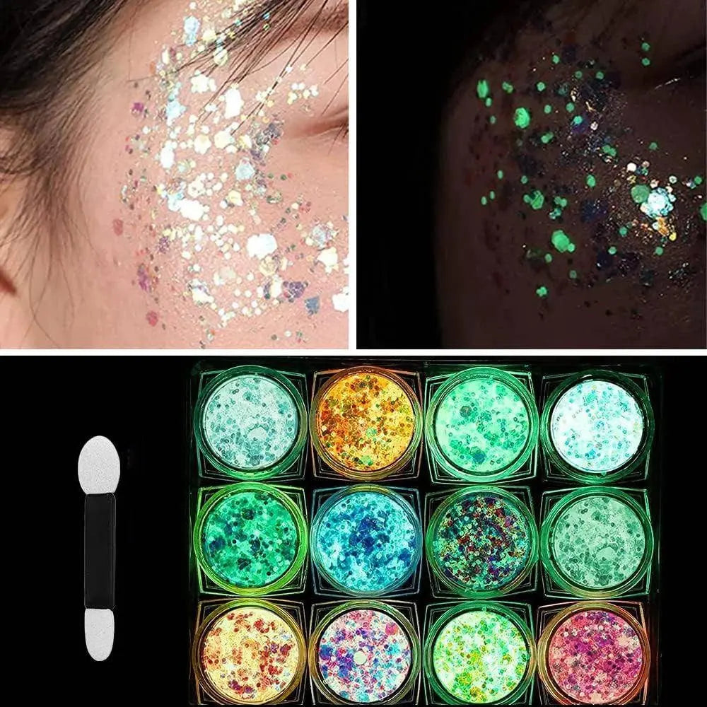 12 Colors Glitter Gel Makeup Glow in The Dark Body Glitter Gel UV Face Glitter for Women Festival Party Glitter Makeup Gel SS69