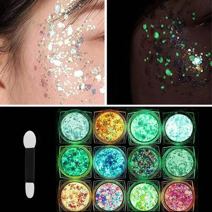 12 Colors Glitter Gel Makeup Glow in The Dark Body Glitter Gel UV Face Glitter for Women Festival Party Glitter Makeup Gel SS69