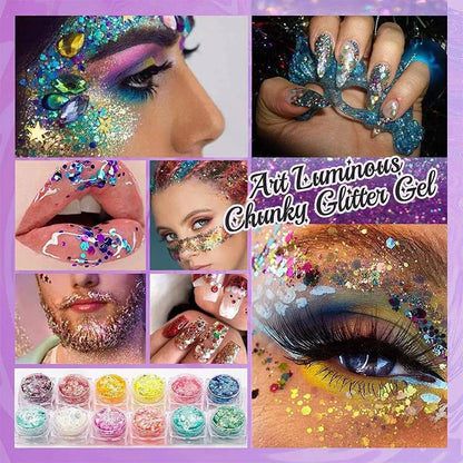 12 Colors Glitter Gel Makeup Glow in The Dark Body Glitter Gel UV Face Glitter for Women Festival Party Glitter Makeup Gel SS69