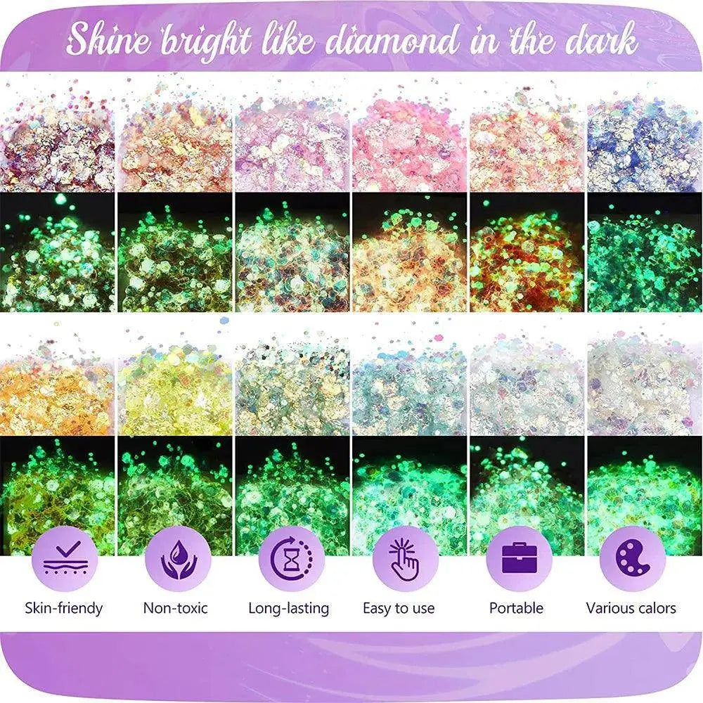 12 Colors Glitter Gel Makeup Glow in The Dark Body Glitter Gel UV Face Glitter for Women Festival Party Glitter Makeup Gel SS69