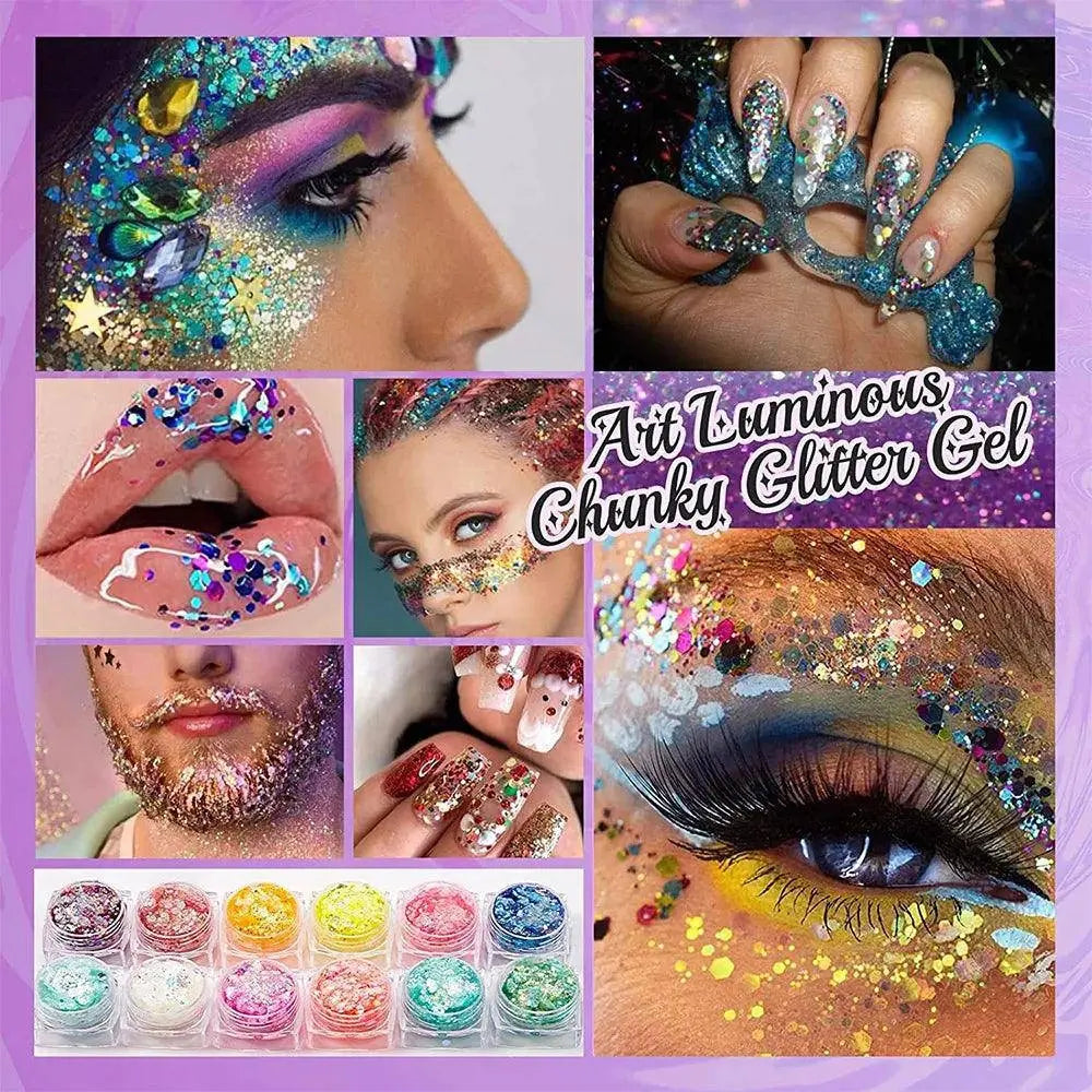 12 Colors Glitter Gel Makeup Glow in The Dark Body Glitter Gel UV Face Glitter for Women Festival Party Glitter Makeup Gel SS69