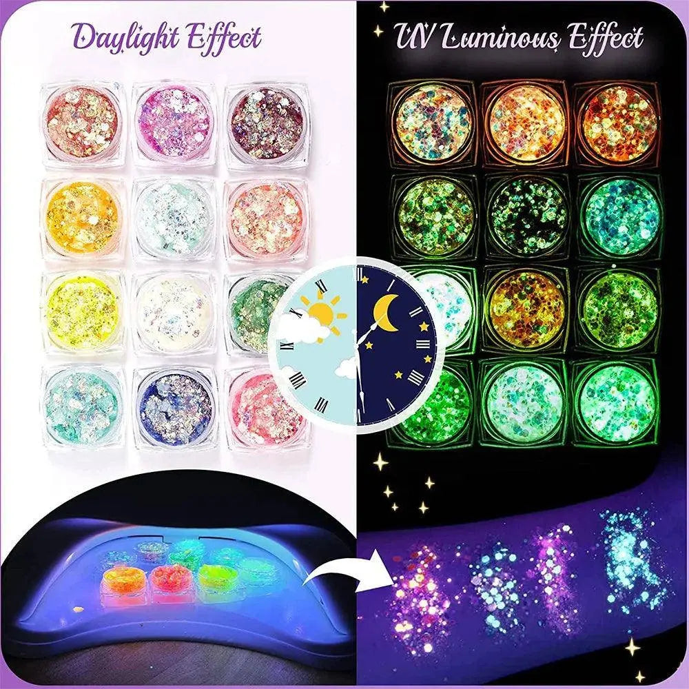 12 Colors Glitter Gel Makeup Glow in The Dark Body Glitter Gel UV Face Glitter for Women Festival Party Glitter Makeup Gel SS69