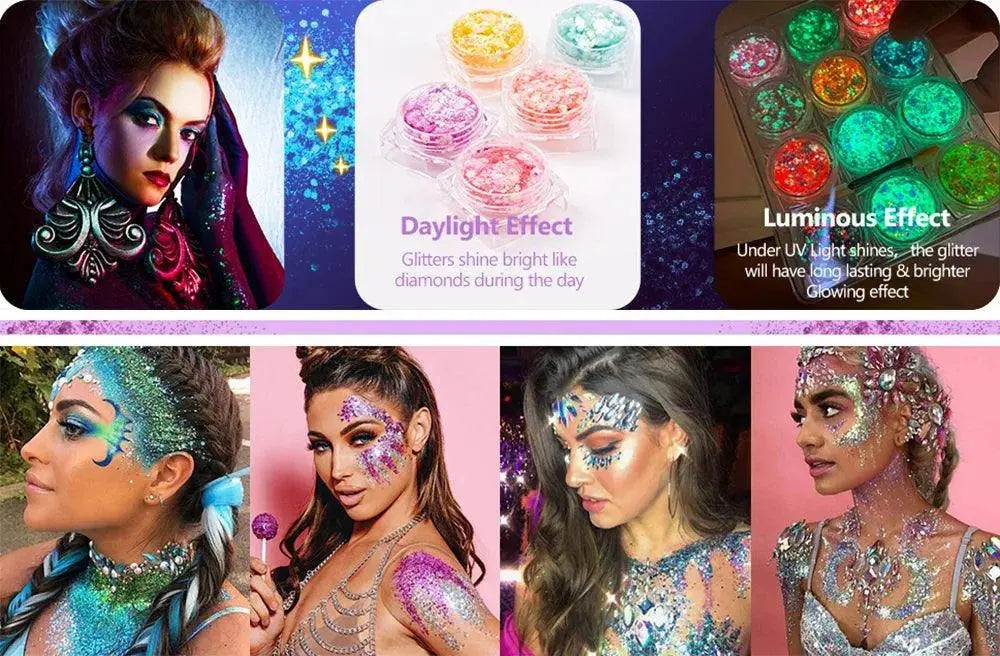 12 Colors Glitter Gel Makeup Glow in The Dark Body Glitter Gel UV Face Glitter for Women Festival Party Glitter Makeup Gel SS69
