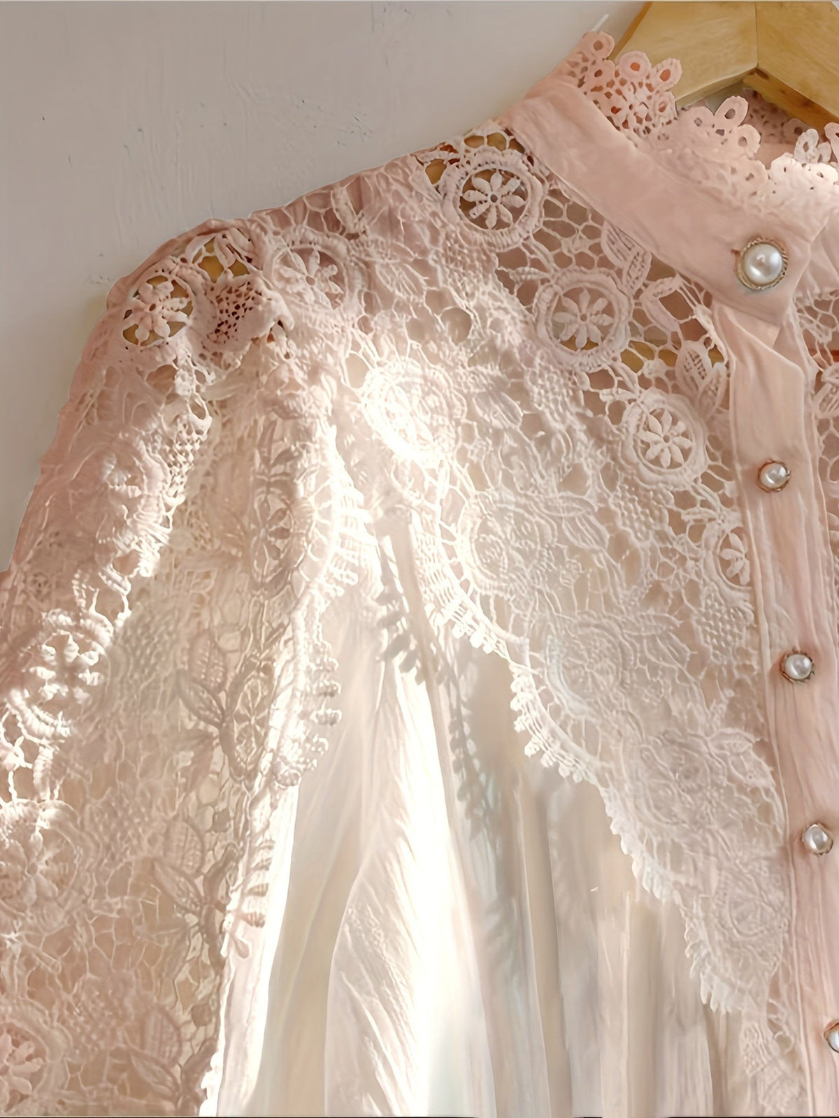 [Pearl Button Blouse] Pearl Button Elegant Victorian-Inspired Lace Blouse - Long Sleeve Mock Neck Green Polyester Pleated Design for Women, Perfect for Halloween Cosplay & Gothic Fashion SS69