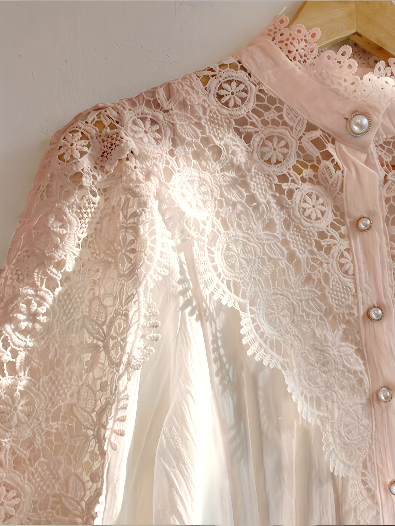 [Pearl Button Blouse] Pearl Button Elegant Victorian-Inspired Lace Blouse - Long Sleeve Mock Neck Green Polyester Pleated Design for Women, Perfect for Halloween Cosplay & Gothic Fashion SS69