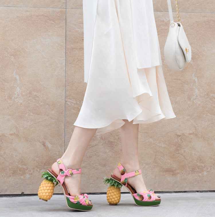 Women's Pineapple Print Platform Sandals - Thick Sole Super High Heels with Ankle Strap Closure, Open-Toe Summer Party Shoes in Pink & Green, Durable Fabric Upper & Rubber Sole for Dressy Occasions, Beachwear, Themed Events -
