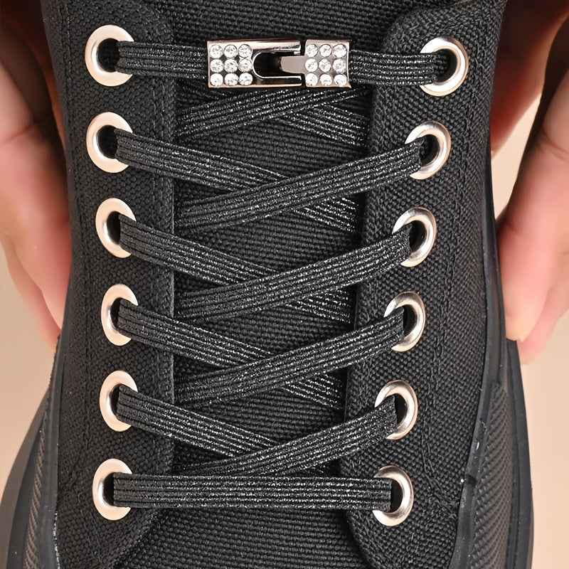 1pair Free-Tie Shoelaces With Rhinestone Buckles, Fashion Elastic Lazy Shoelaces For Sneakers Canvas Shoes Skate Shoes, Women & Men