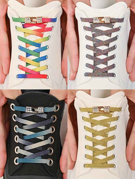 1pair Free-Tie Shoelaces With Rhinestone Buckles, Fashion Elastic Lazy Shoelaces For Sneakers Canvas Shoes Skate Shoes, Women & Men