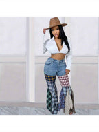 Denim Trousers for Women with a Houndstooth Pattern, Featuring Flared Legs And Ruffles.