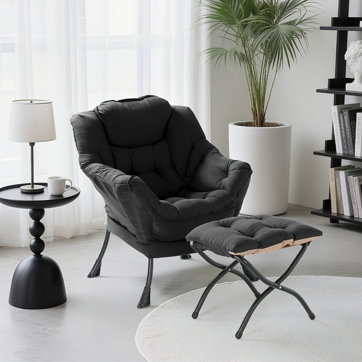 Lazy Chair with Foldable Ottoman, Modern Comfy Lounge Chair, Large Sofa Armchair with Footrest And A Side Pocket, Leisure Reading Chair with Footstool for Bedroom, Living Room, Dorm, Black, Bedroom Seating, Dorm Room Furnitur SS69