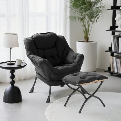 Lazy Chair with Foldable Ottoman, Modern Comfy Lounge Chair, Large Sofa Armchair with Footrest And A Side Pocket, Leisure Reading Chair with Footstool for Bedroom, Living Room, Dorm, Black, Bedroom Seating, Dorm Room Furnitur SS69
