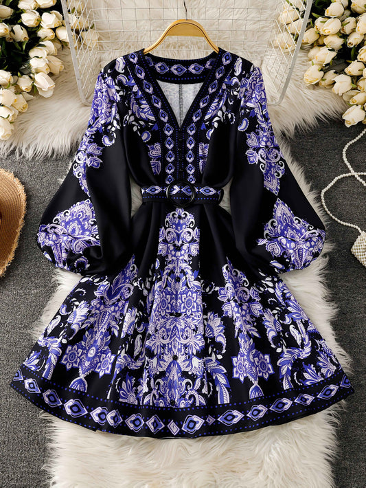 [Bohemian V-Neck Dress] Sleeveless Geometric Print Women's Bohemian V-Neck Mini Dress with Belt | Flared Bodice with Buttons, Pleated A-Line Skirt, Perfect for Spring & Summer Vacations, Casual Resort Wear