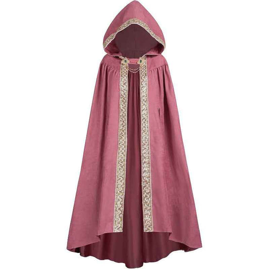 Medieval-Style Hooded Cape Costume, Celtic Knot & Satin Trim, Adjustable Tie-Front Closure, Renaissance Faire Outfit for Renaissance Festival Cosplay Themed Parties, Beige Pink Dark Green Burgundy