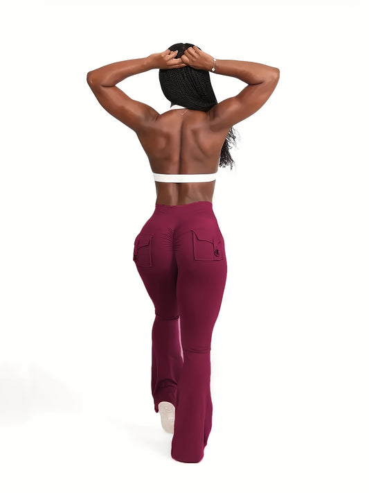 Full Of Elasticity Slim Fit Women's Pocket Yoga Pants - High Waist, Wide Legs, Solid Color, With Phone Pocket - SS69