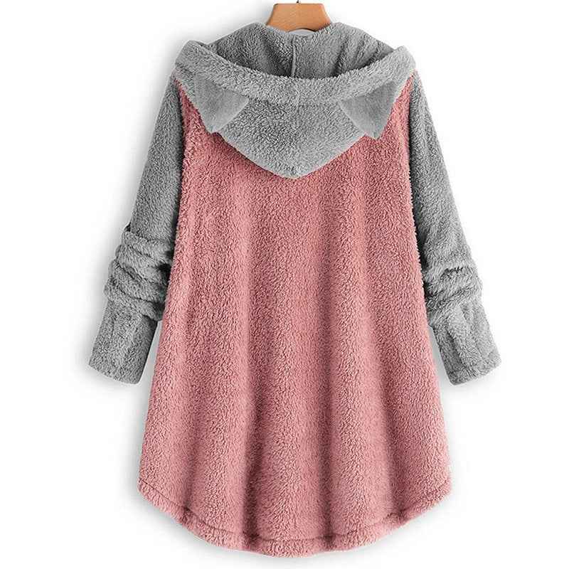 Cat Print Long Hoodies Sweatshirt Women Fleece Warm Button Pocket Pullovers Cat Ear Plus Size Hoodie Top Blouse Sweat Femme