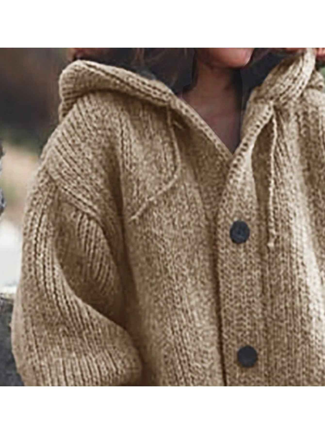 Plus Size, Plus Size Elegant Hooded Cardigan Jacket - 100% Winter Sweater Coat with Front Button Closure, Hooded Long Sweater Jacket Suitable for Fall/Winter, Brown/Navy/Red - Casual & Formal Wear, Machine Washable Cozy Outer