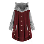 Cat Print Long Hoodies Sweatshirt Women Fleece Warm Button Pocket Pullovers Cat Ear Plus Size Hoodie Top Blouse Sweat Femme