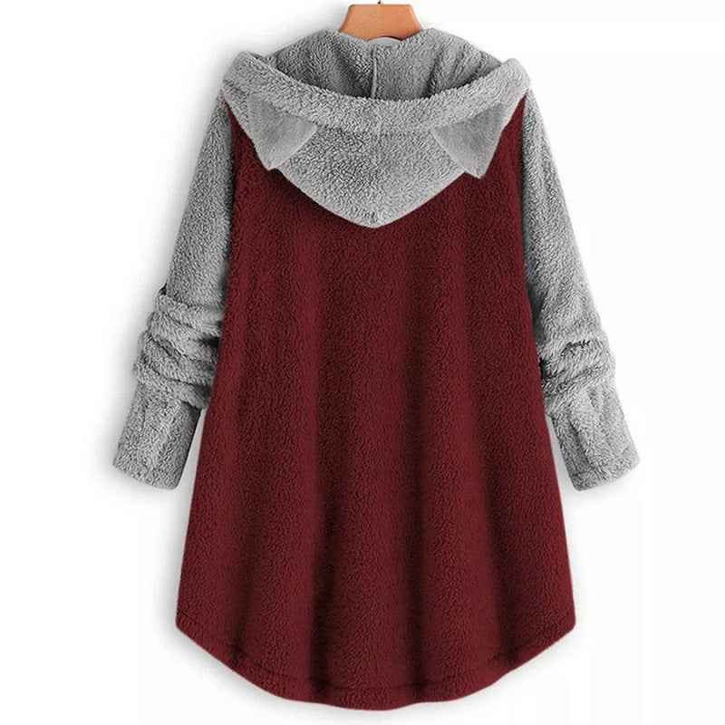 Cat Print Long Hoodies Sweatshirt Women Fleece Warm Button Pocket Pullovers Cat Ear Plus Size Hoodie Top Blouse Sweat Femme