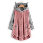 Cat Print Long Hoodies Sweatshirt Women Fleece Warm Button Pocket Pullovers Cat Ear Plus Size Hoodie Top Blouse Sweat Femme