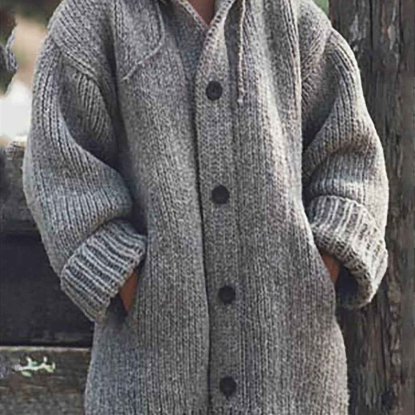 Plus Size, Plus Size Elegant Hooded Cardigan Jacket - 100% Winter Sweater Coat with Front Button Closure, Hooded Long Sweater Jacket Suitable for Fall/Winter, Brown/Navy/Red - Casual & Formal Wear, Machine Washable Cozy Outer