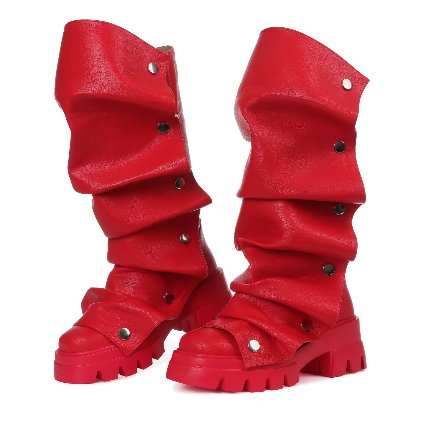 Women'S Round Toe Ruched Studded Mid Calf Chunky Heel Boots Stylish Boots Casual Dating Shoes SS69