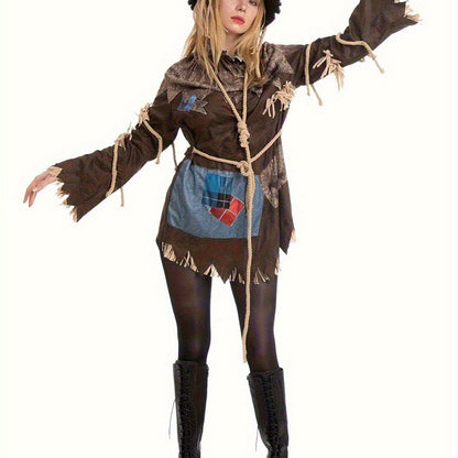 Women's Scary Scarecrow Costume with Hat & Dress - Complete Halloween Outfit with Straw-like Hair, Fake Drawstring Neck Ruffle Collar & Waist Rope - 100% Polyester Durable Costume for Halloween Parties, Themed Events, Wizard SS69 24.69 Dark Brown / XL