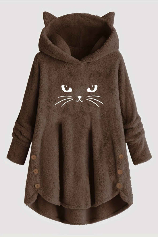 Plus Size, Women's Plus Size Cat Print Button Detail Hem Plush Casual Long Sleeve Hooded Sweatshirt
