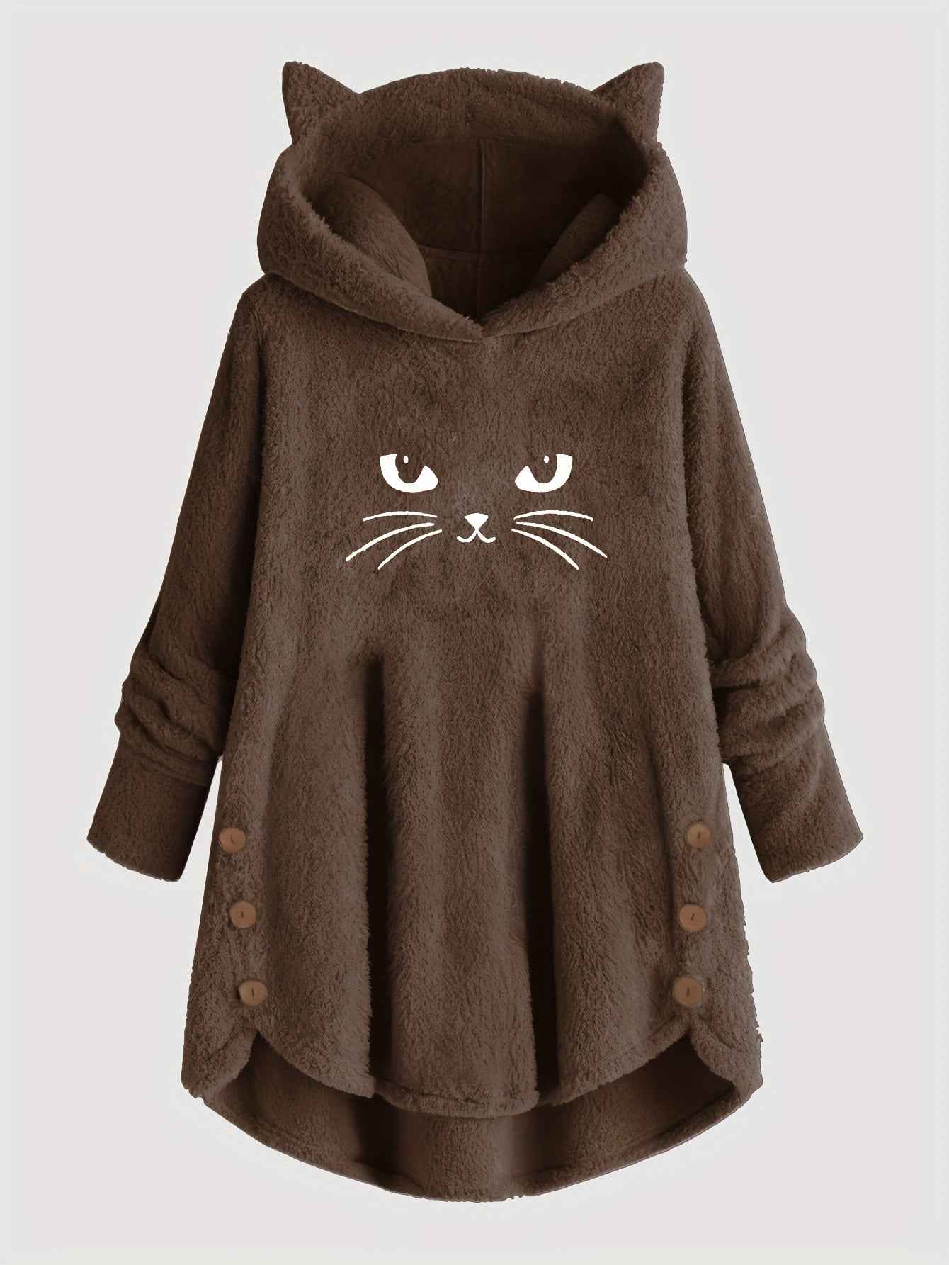 Plus Size, Women's Plus Size Cat Print Button Detail Hem Plush Casual Long Sleeve Hooded Sweatshirt