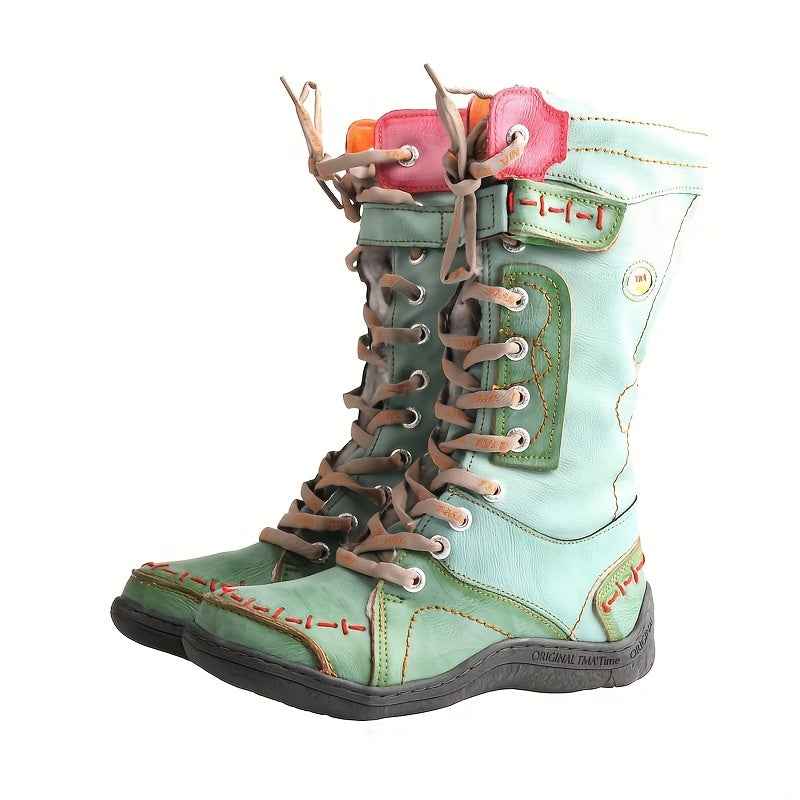 TMA EYES Women'S Winter Snow Boots, Vintage Casual Fashion with Hand-Stitched Detail, Lace-Up & Side Zipper, Warm Fleece-Lined, Thickened Outdoor Boots, Plain Toe, Split Cow Leather & Microfiber Upper, Pig Split Leather Inner