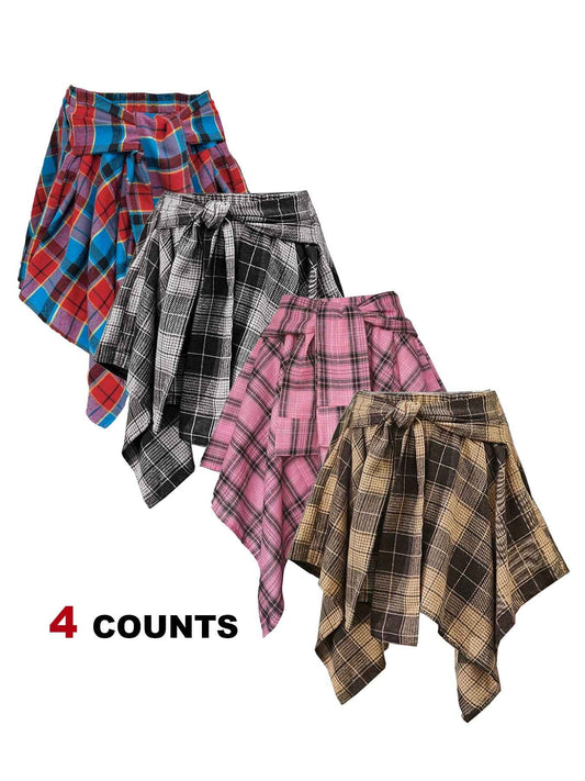 Plus Size - Plus Size - 4-Pack Plus Size Pleated Plaid Skirt | Women High Waist A-Line Elastic Waist Midi Skirt Casual Vintage Checkered Skirt With Slight Stretch Fabric