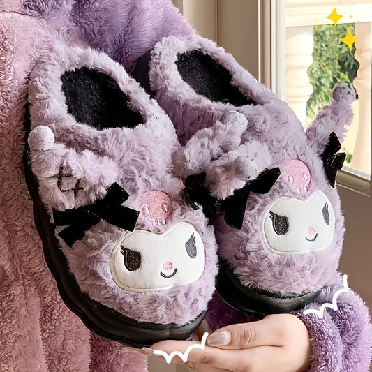 1 Pair Sanrio Hello Kitty Kuromi Women's Plush Slippers - Cute Character Design with Bows, Soft Fabric Upper & Lining, Non-Slip PVC Sole, Warm Winter Indoor House Shoes for Women, Playful Design, Comfortable Footwear SS69 18.69 Light Purple / US 6.5-7