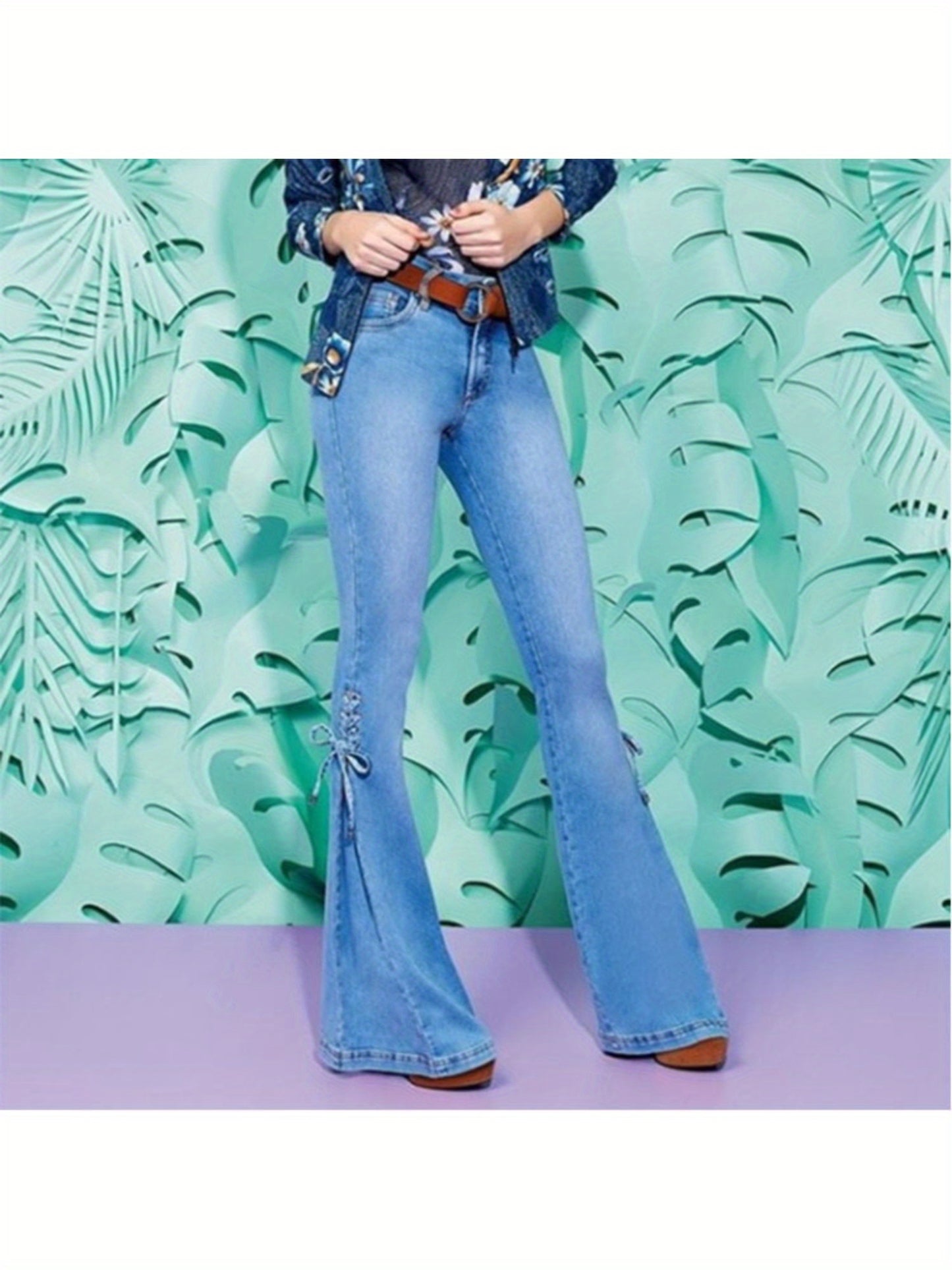 Women'S 100% High-Stretch Mid-Rise Slim Flared Jeans with Tie-Front Detail - SS69 