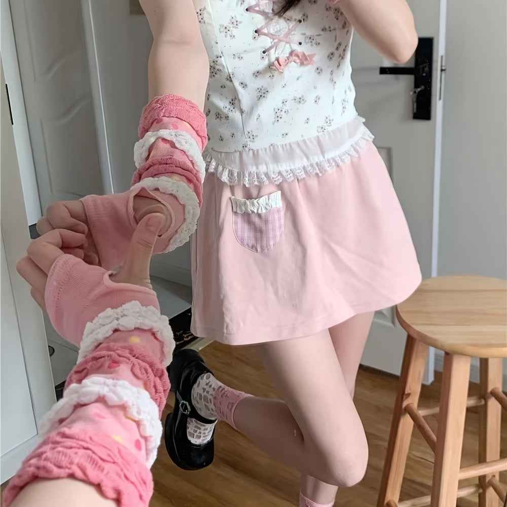 1 Pair Women'S Y2K Kawaii Harajuku Striped Fingerless Gloves - Soft Stretchy Winter Arm Warmers with Decorative Ribbons, & Mosquito Proof, Machine Washable Casual Outfit Accessories, Winter Gloves, Cold Weather Gear, Playful