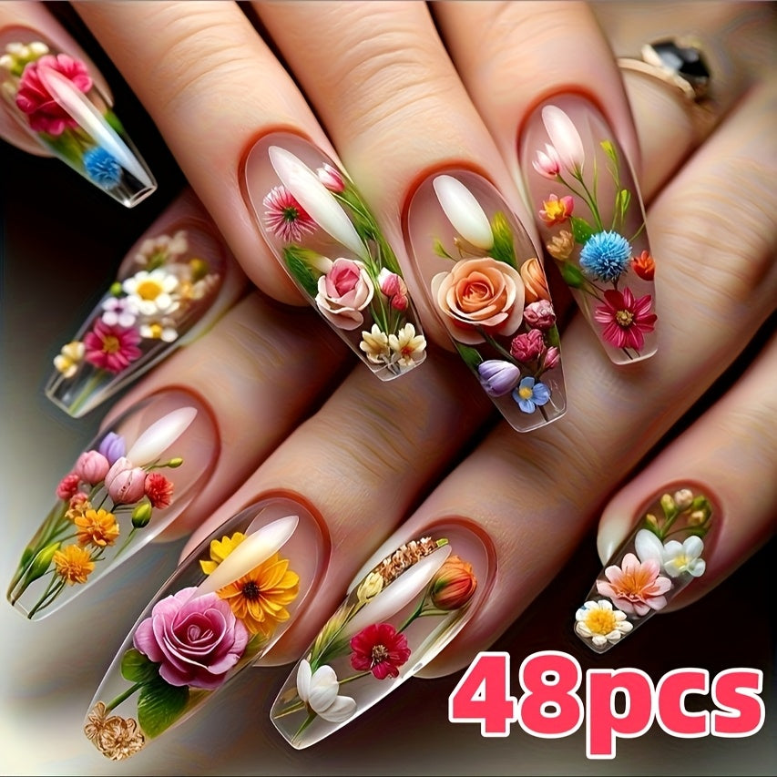 24pcs 3D Floral Press On Nails - Square Medium Length False Nails with Glossy Finish, Vibrant Blue & Red Floral Design, Includes Jelly Glue & Nail File for Women s Summer Manicure, Stylish Fake Nails Creative Beauty Accessory SS69 8.69 48pcs (2Pack)