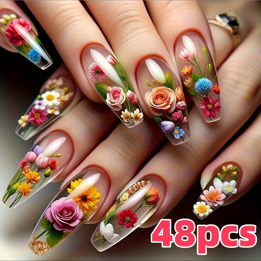 24pcs 3D Floral Press On Nails - Square Medium Length False Nails with Glossy Finish, Vibrant Blue & Red Floral Design, Includes Jelly Glue & Nail File for Women s Summer Manicure, Stylish Fake Nails Creative Beauty Accessory SS69 8.69 48pcs (2Pack)