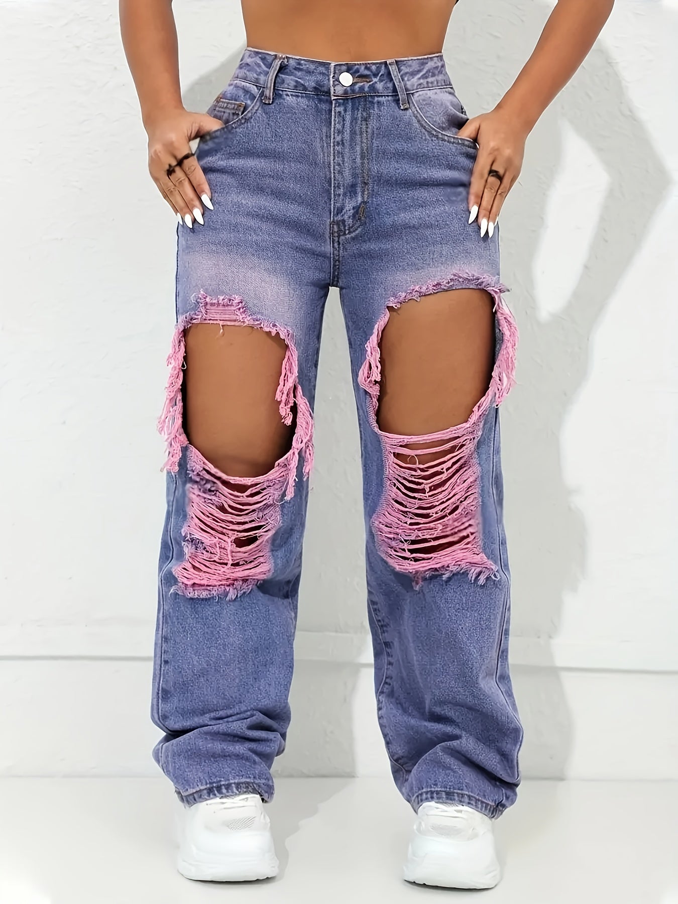 Trendy Retro High-Waisted Ripped Wide-Leg Jeans for Women - Distressed Denim with Pink Frayed Hems, Mid-Rise, Loose Fit, Machine Washable, All-Season Casual Wear SS69
